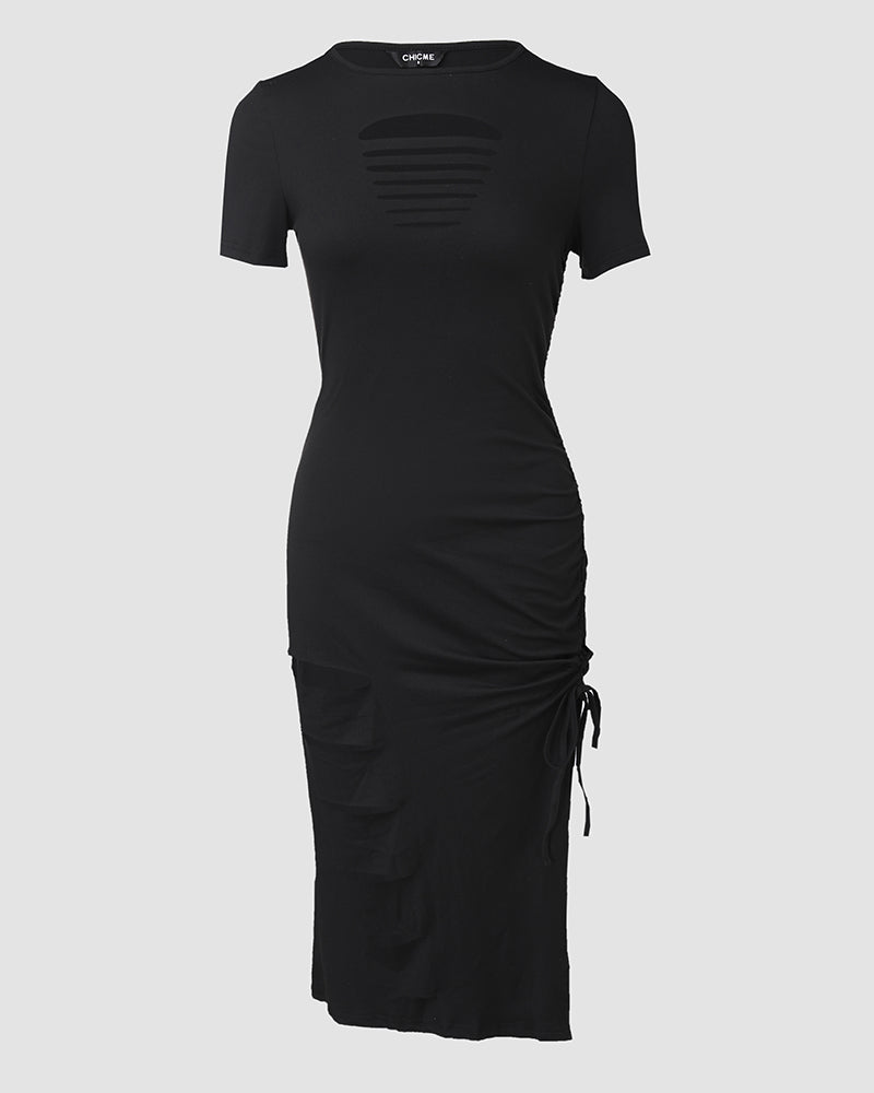 O Neck Short Sleeve Solid Color Cut Out Ruched Drawstring Bodycon Dress With Side Slit