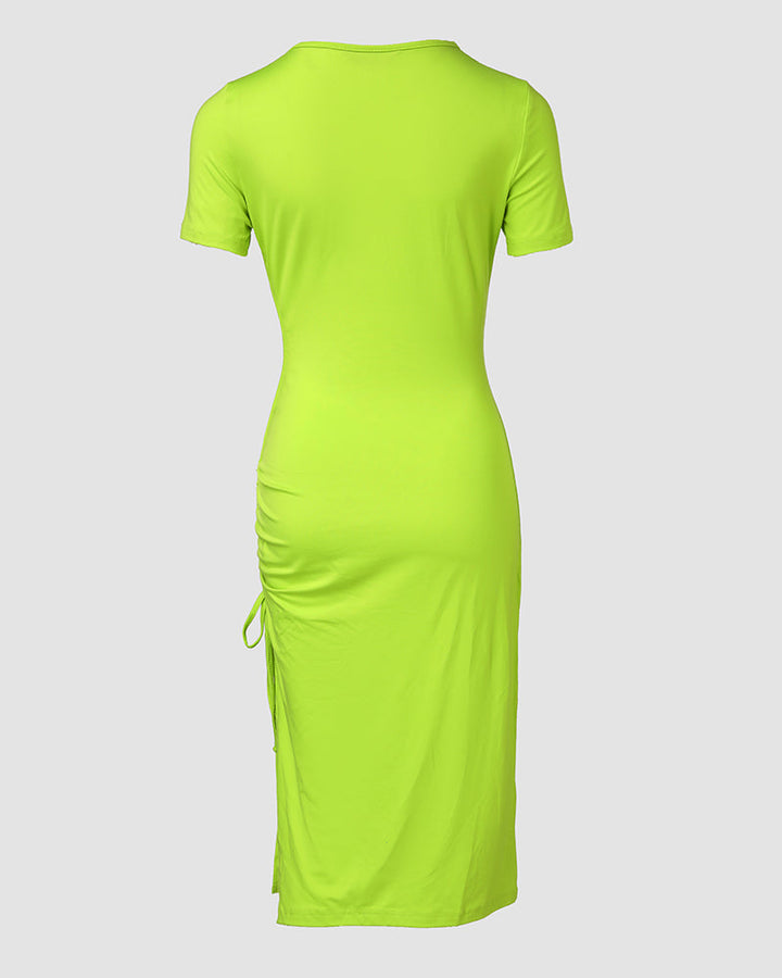 O Neck Short Sleeve Solid Color Cut Out Ruched Drawstring Bodycon Dress With Side Slit