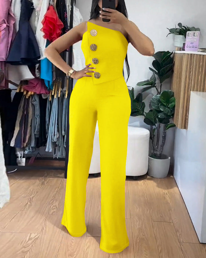 Asymmetrical Bandeau Strapless Jumpsuit Metal Button Decor Casual Overalls