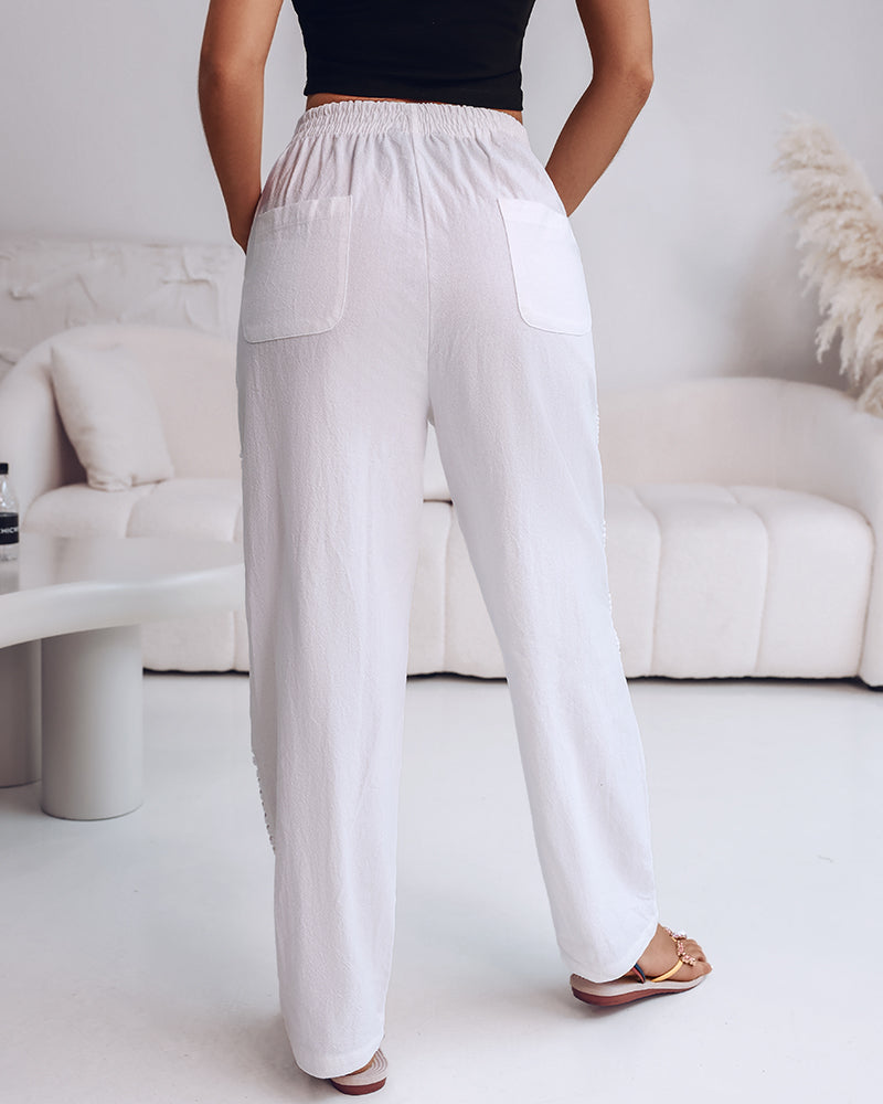 Hollow Out Lace Patch Pocket Design Casual Pants