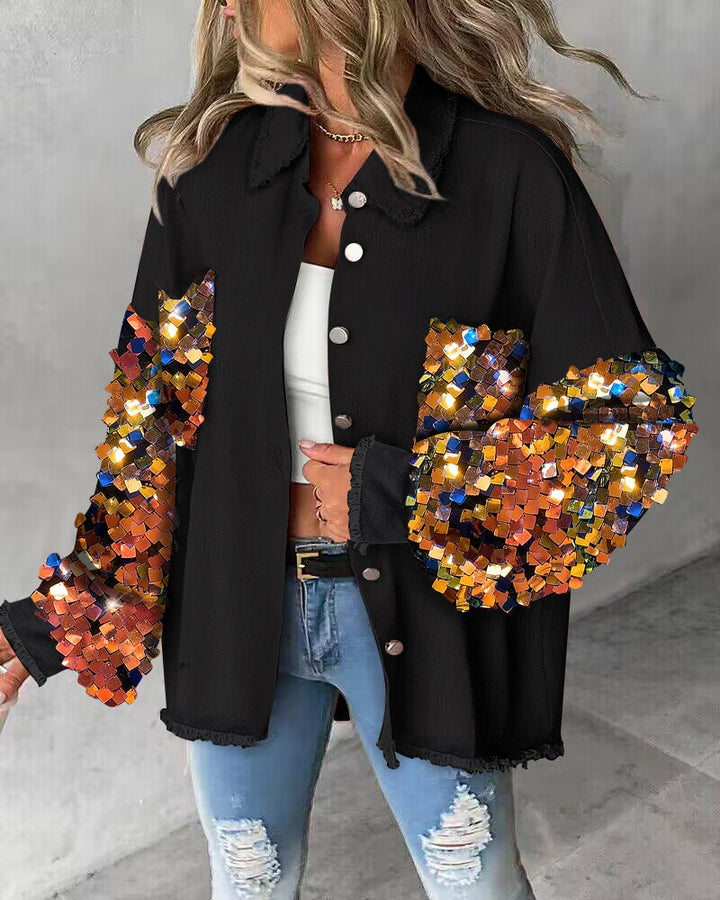 Contrast Sequin Long Sleeve Jacket Top Button Front Raw Hem Loose Fit Shacket