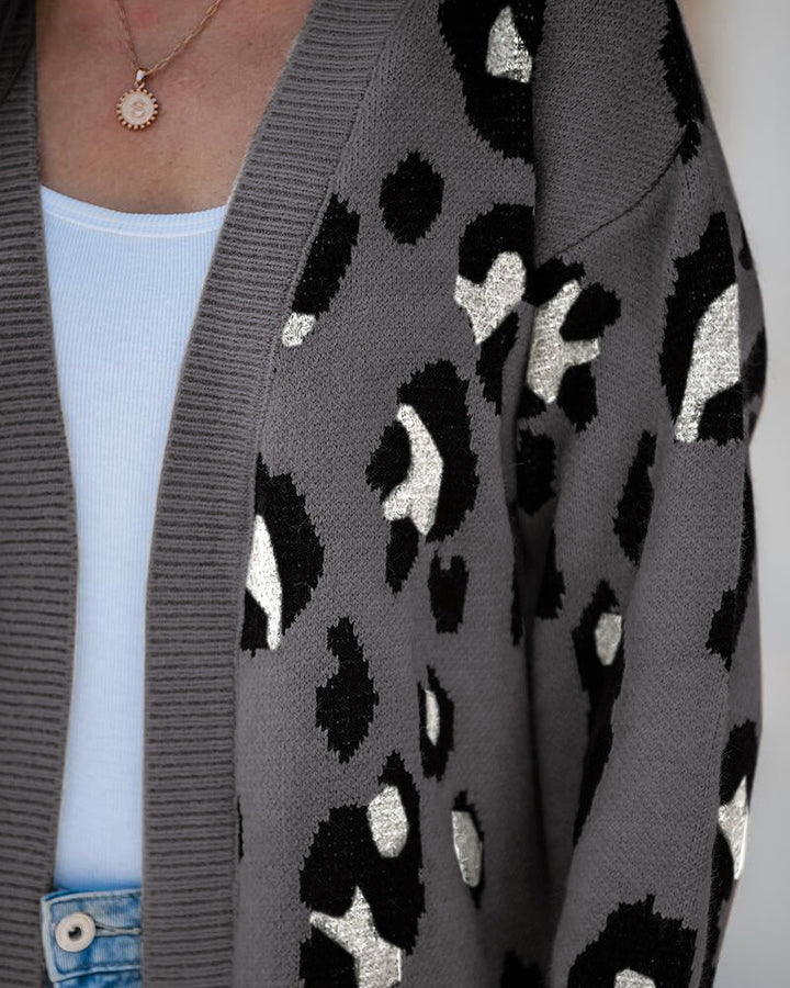 Leopard Pattern Longline Knit Cardigan Open Front Sweater