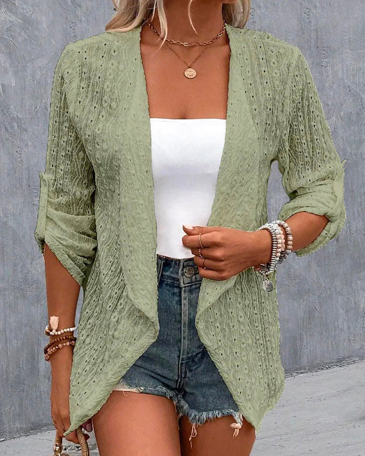 Eyelet Embroidery Turn-Up Sleeves Open Front Coat