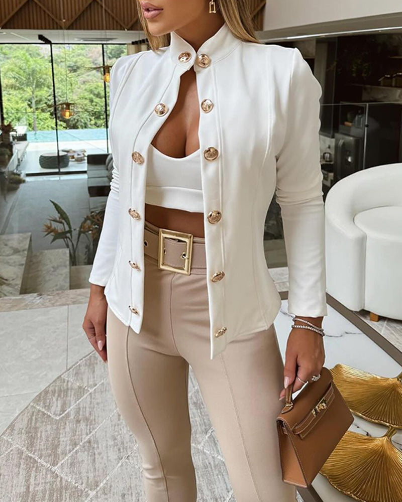 Stand Collar Long Sleeve Blazer Metal Button Front Work Office Jackets Coat