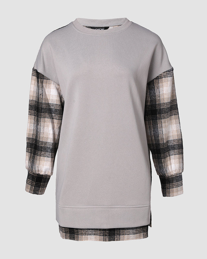 Plaid Print Spliced Long Sleeve Drop Shoulder Sweatshirt Casual Side Slit Top