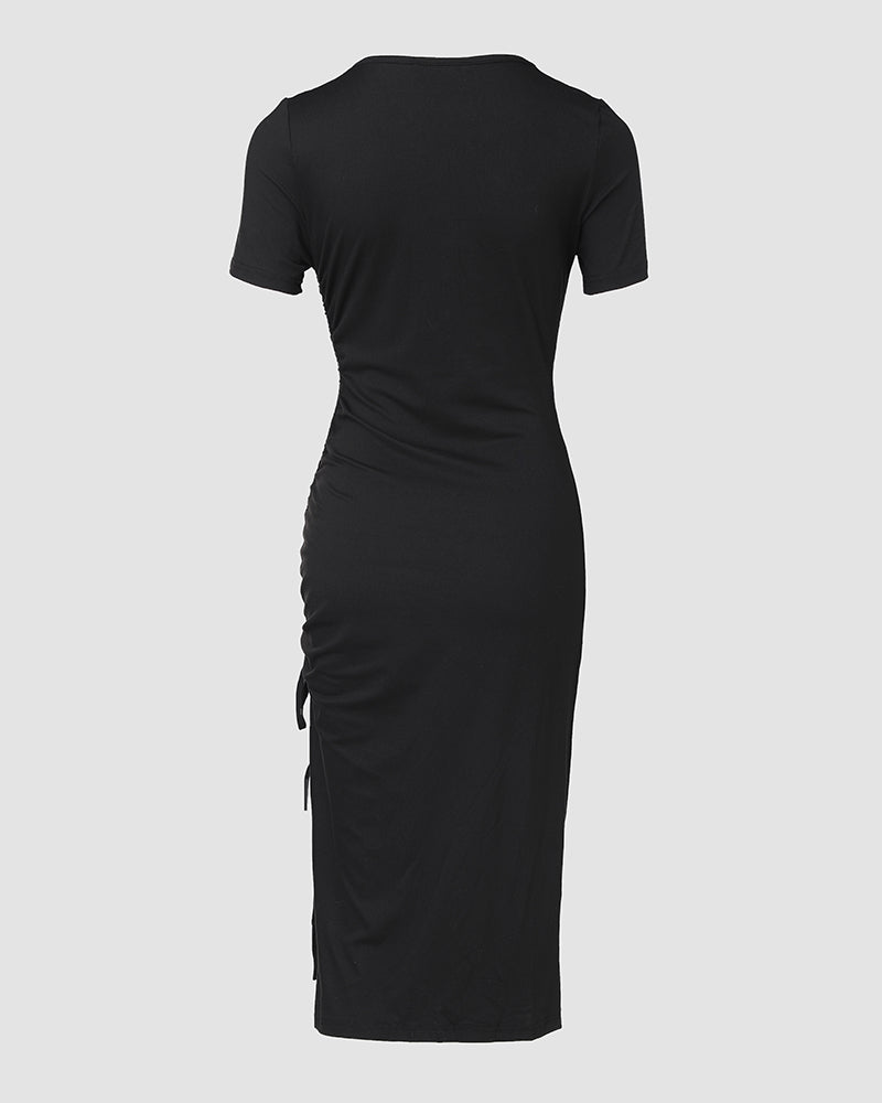 O Neck Short Sleeve Solid Color Cut Out Ruched Drawstring Bodycon Dress With Side Slit