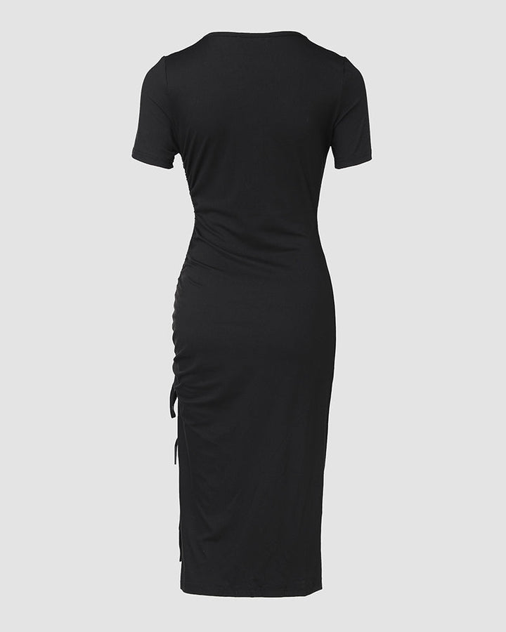 O Neck Short Sleeve Solid Color Cut Out Ruched Drawstring Bodycon Dress With Side Slit