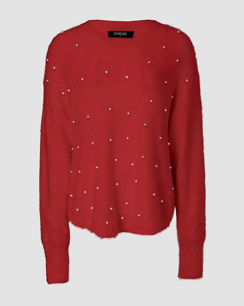 V Neck Long Sleeve Beaded Decor Oversized Sweater Fluffy Pullover Top