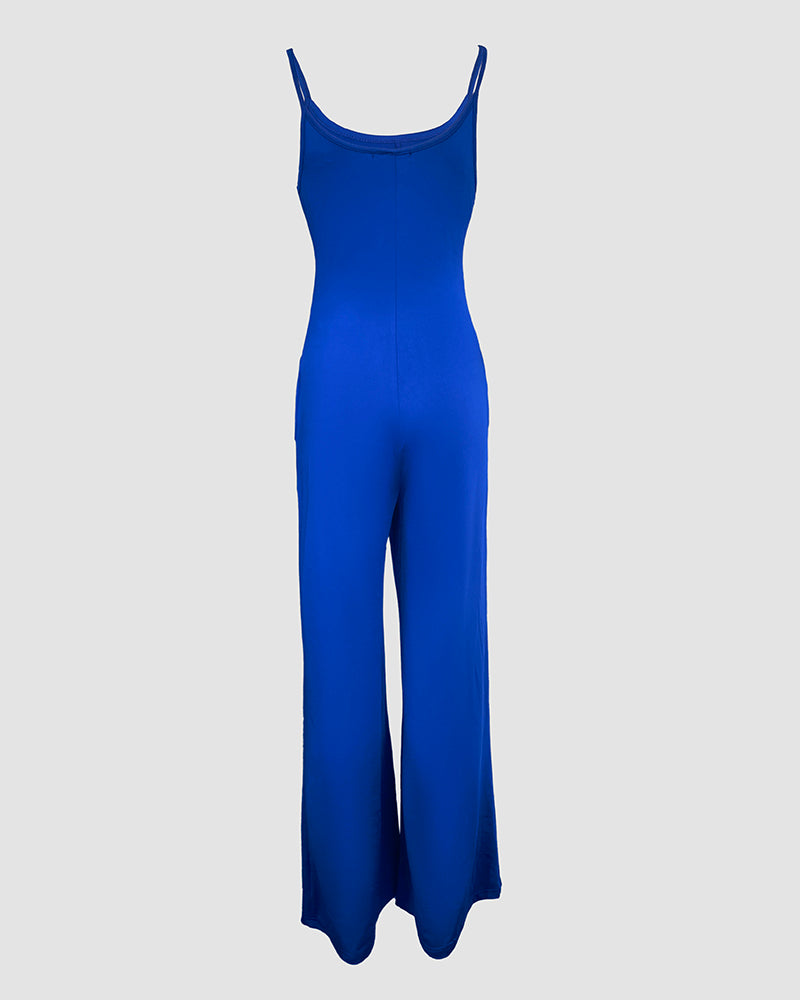 Spaghetti Strap Round Neck Comfy Jumpsuit Casual Slim Fit Romper with Pockets