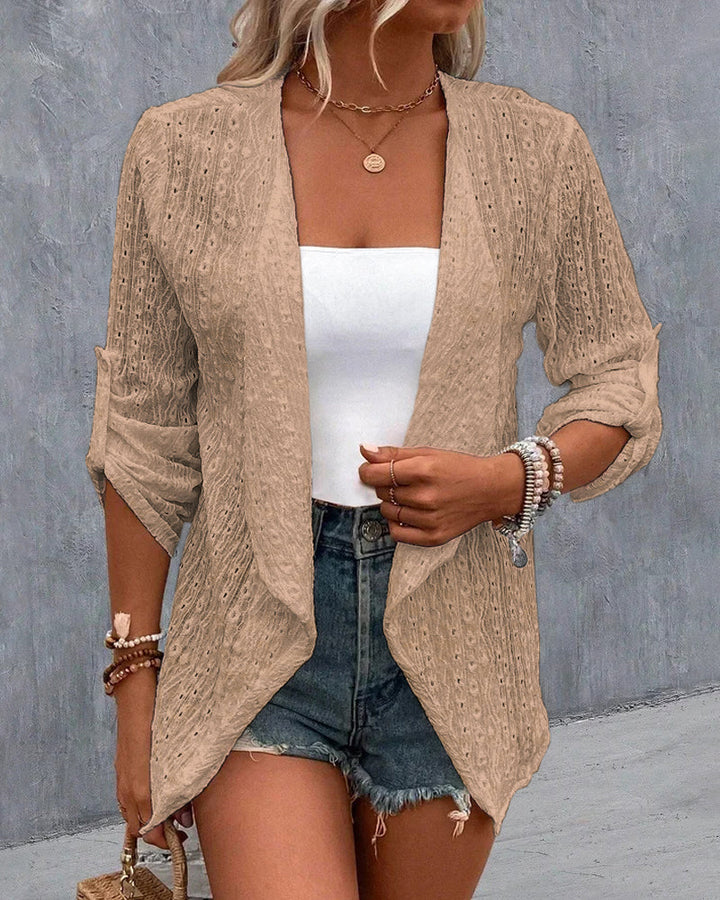 Eyelet Embroidery Turn-Up Sleeves Open Front Coat