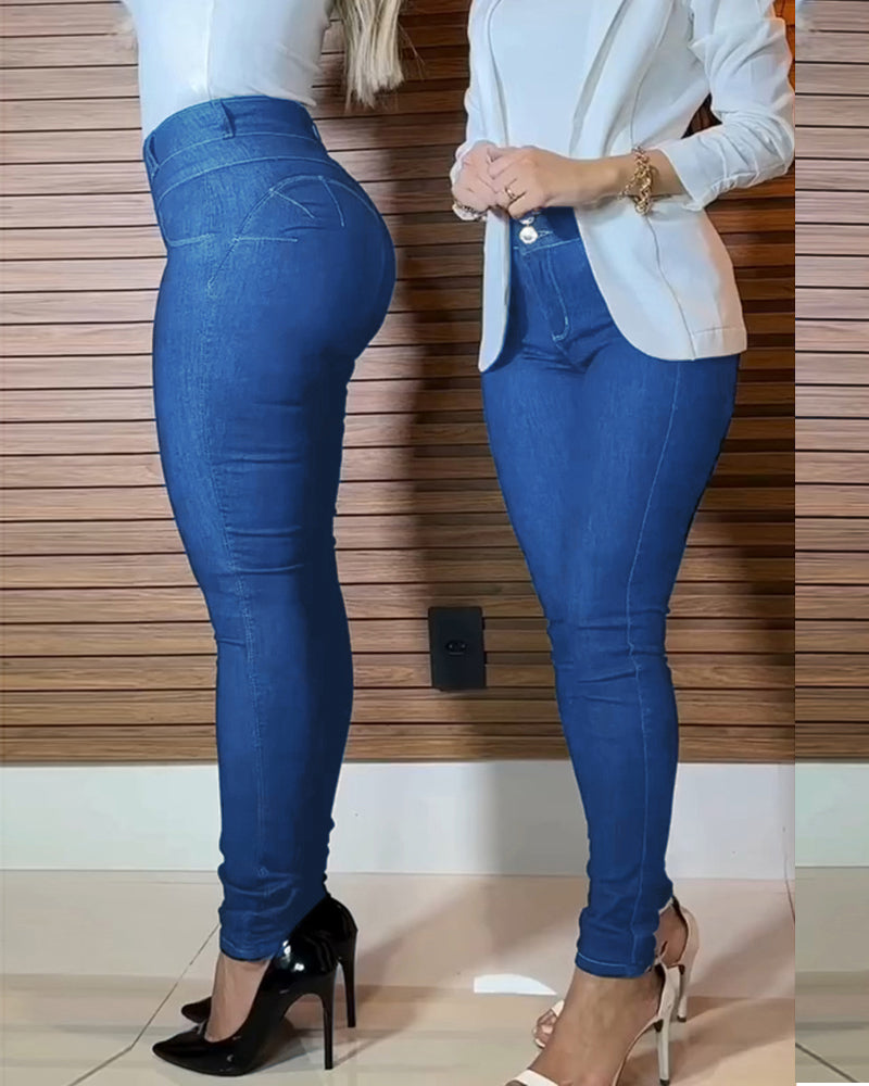 Front Button Zipper Fly High Waist Butt Lifting Skinny Denim Jeans Casual Pants