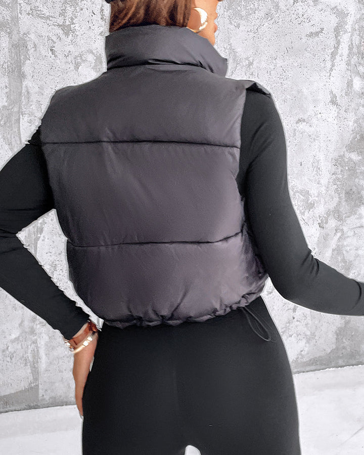 Stand Collar Zip Up Lightweight Cropped Puffer Vest Sleeveless Drawstring Hem Padded Coat