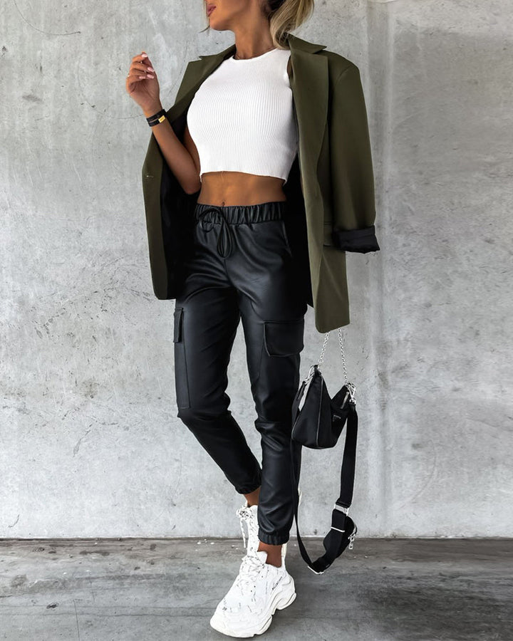 Elastic Waist PU Leather Drawstring Cuffed Pants with Pocket