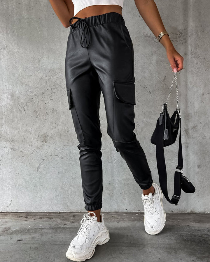 Elastic Waist PU Leather Drawstring Cuffed Pants with Pocket