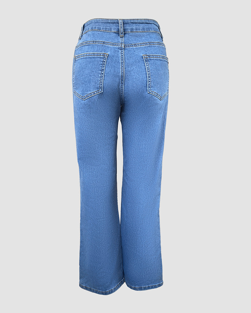 Seam Front High Wait Straight Leg Denim Pants Casual Zipper Fly Jeans