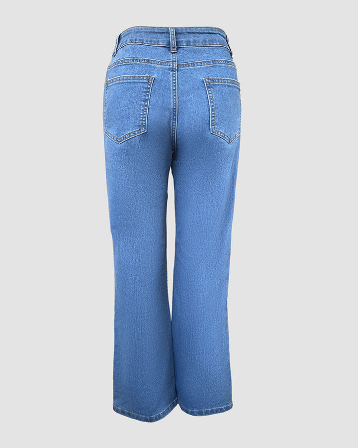 Seam Front High Wait Straight Leg Denim Pants Casual Zipper Fly Jeans