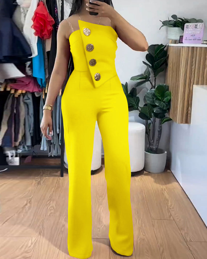 Asymmetrical Bandeau Strapless Jumpsuit Metal Button Decor Casual Overalls