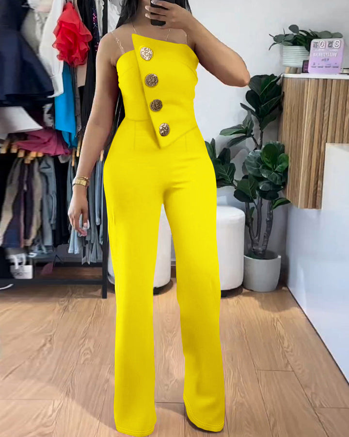 Asymmetrical Bandeau Strapless Jumpsuit Metal Button Decor Casual Overalls