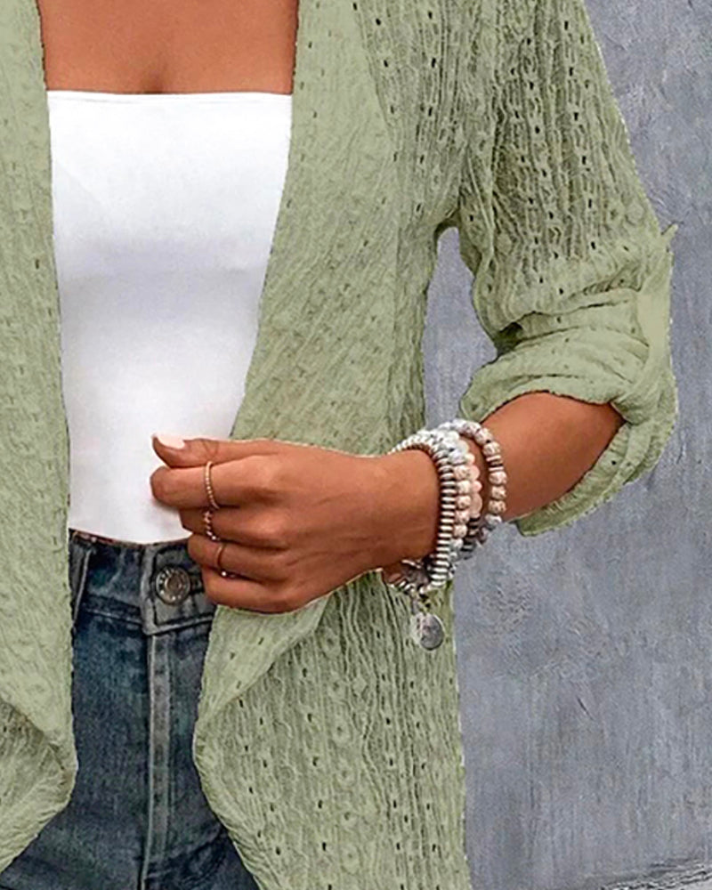 Eyelet Embroidery Turn-Up Sleeves Open Front Coat