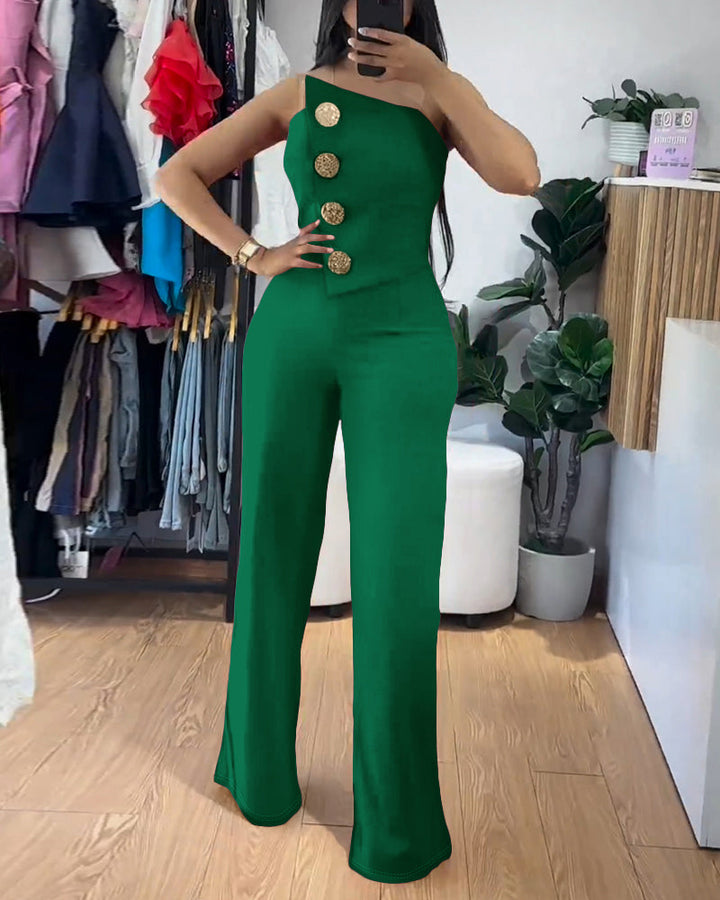 Asymmetrical Bandeau Strapless Jumpsuit Metal Button Decor Casual Overalls