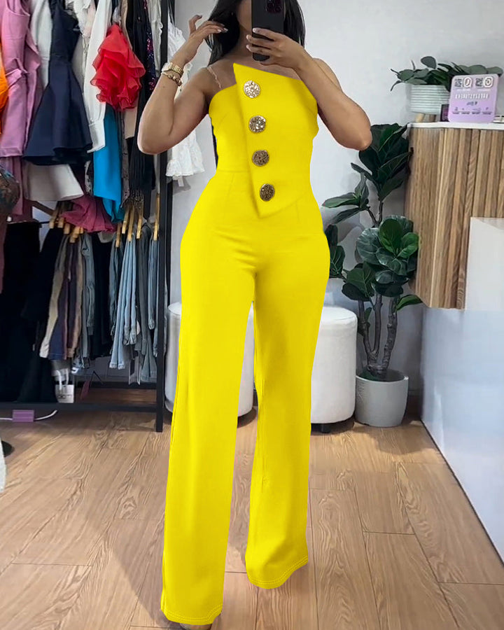 Asymmetrical Bandeau Strapless Jumpsuit Metal Button Decor Casual Overalls