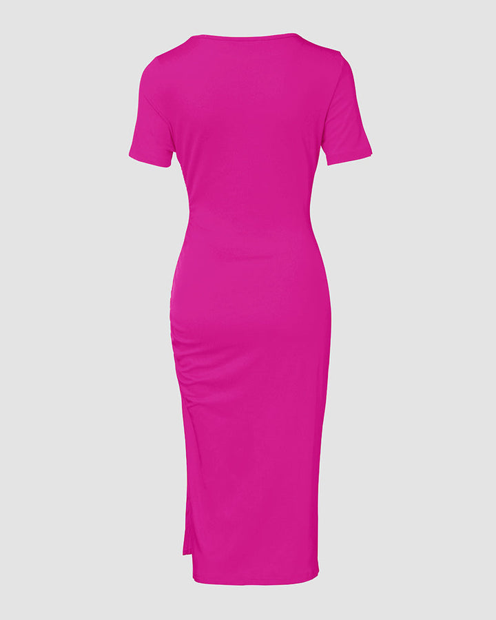 O Neck Short Sleeve Solid Color Cut Out Ruched Drawstring Bodycon Dress With Side Slit