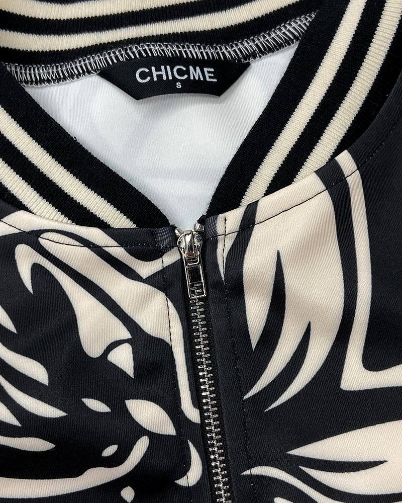 Floral Print Baseball Collar Long Sleeve Casual Jacket