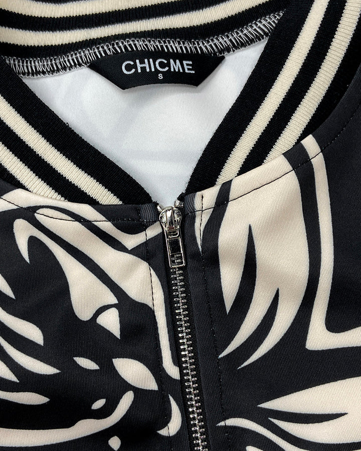 Floral Print Baseball Collar Long Sleeve Casual Jacket