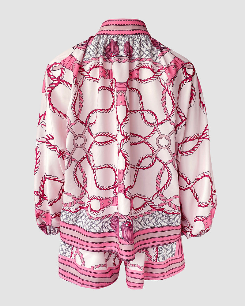 Chain Print Stand Collar Lantern Sleeve Button Front Top and Casual Elastic Waist Shorts Set
