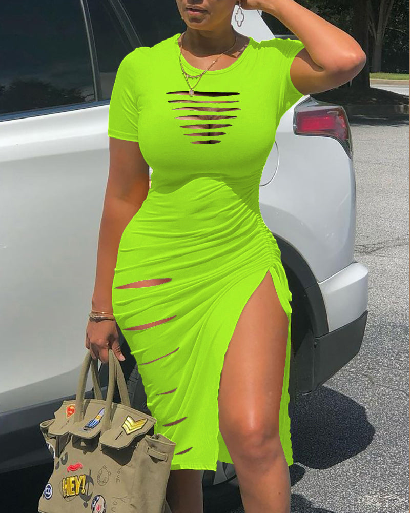 O Neck Short Sleeve Solid Color Cut Out Ruched Drawstring Bodycon Dress With Side Slit