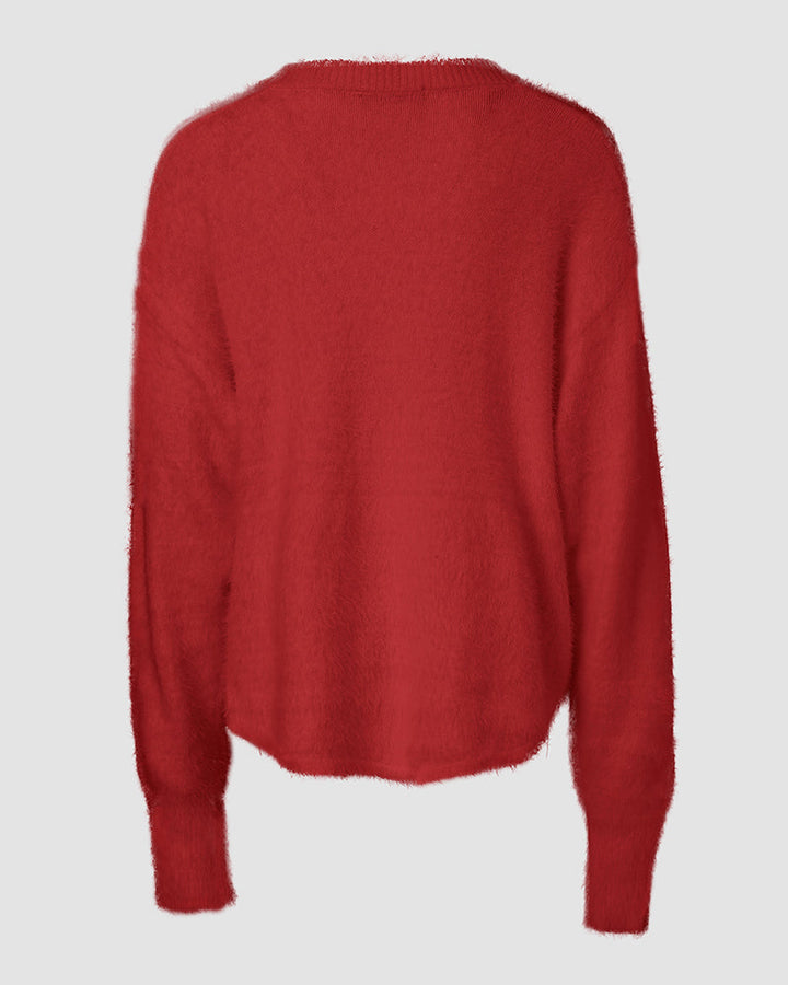 V Neck Long Sleeve Beaded Decor Oversized Sweater Fluffy Pullover Top
