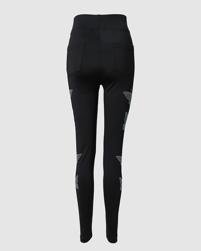 Rhinestone Butterfly Pattern High Waist Skinny Pants