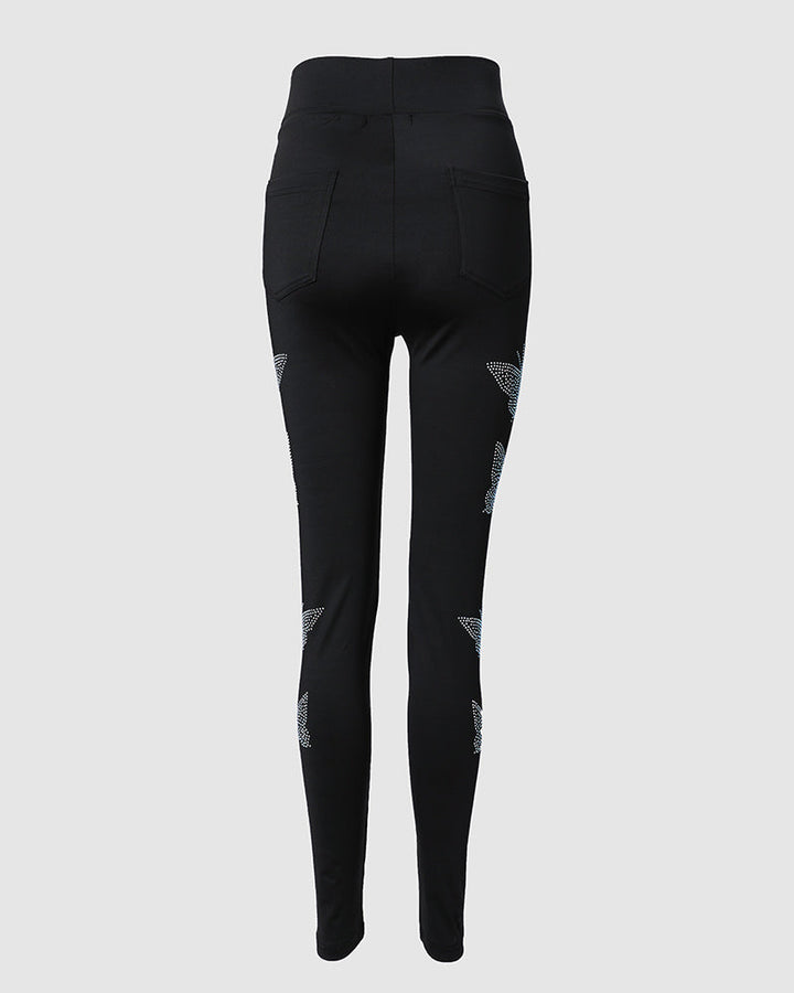 Rhinestone Butterfly Pattern High Waist Skinny Pants