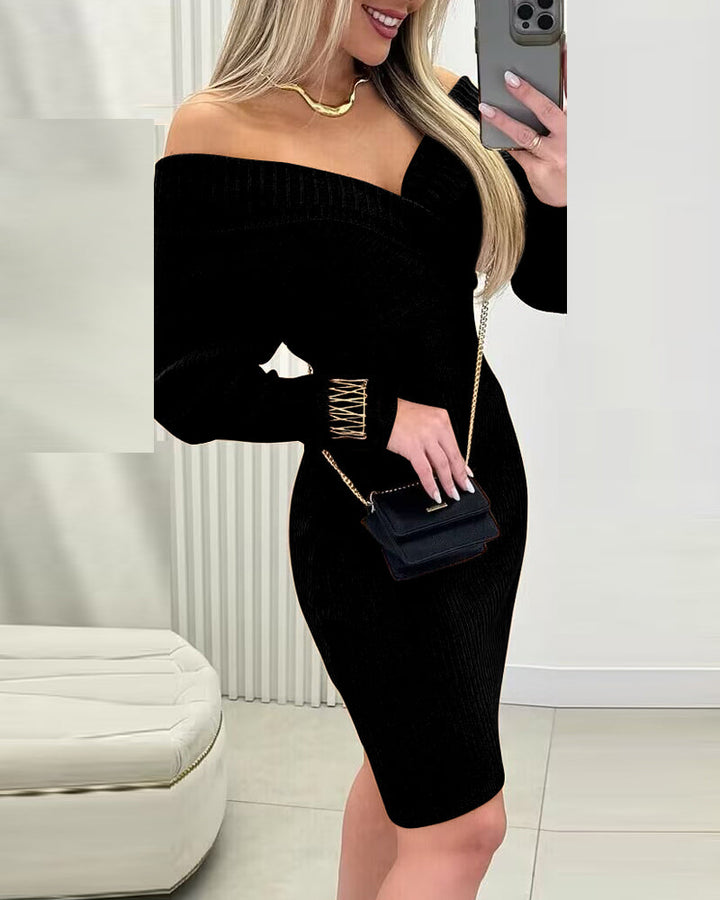 Off Shoulder Slim Fit Knit Long Sleeve Dress Bodycon Sweater Dress