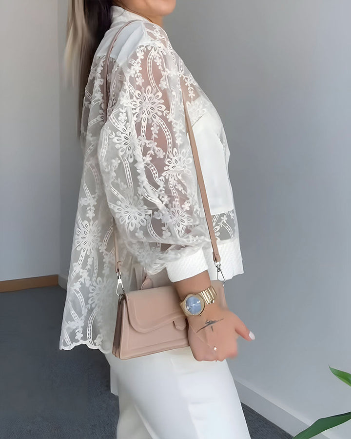 Floral Lace Embroidered Mesh Patchwork High-Low Hem Baseball Coat Casual Side Slit Zip Up Bomber Jacket