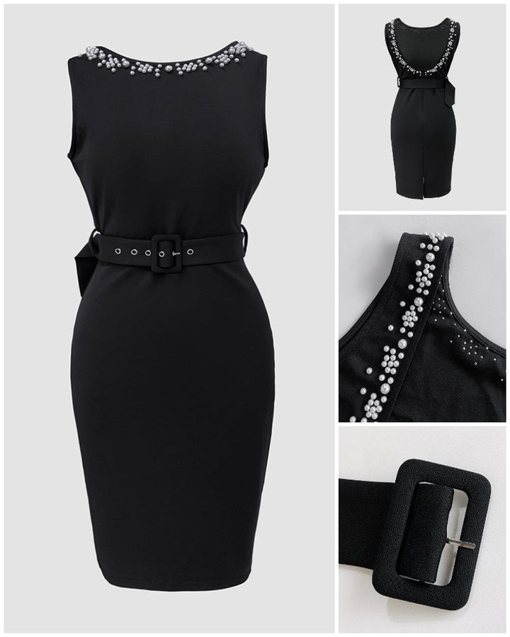 Pearls Decor Sleeveless Backless Slit Back Party Dress Zipper Back Bodycon Dress With Belt