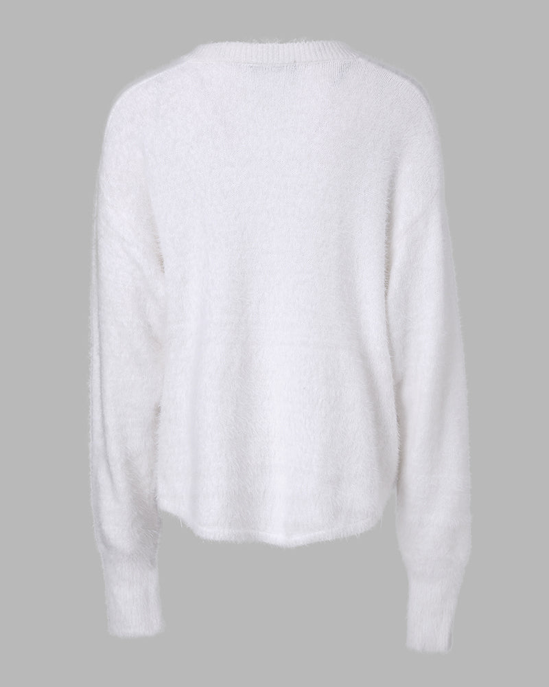 V Neck Long Sleeve Beaded Decor Oversized Sweater Fluffy Pullover Top