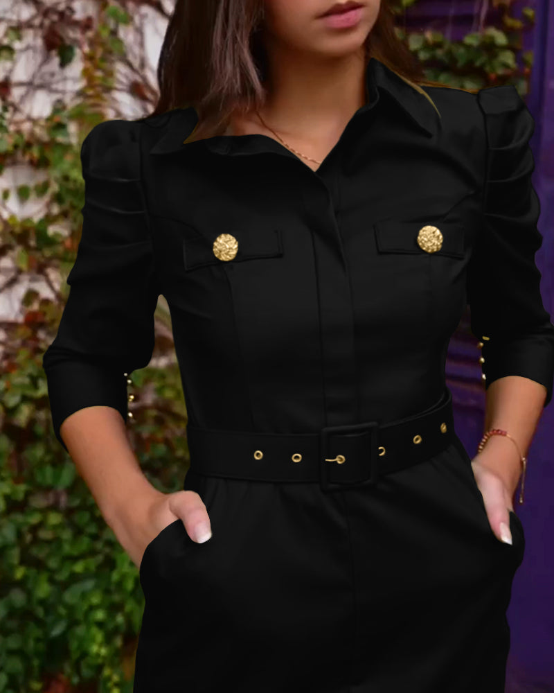 Turn-down Collar Long Sleeve Button Decor Front Slit Slim Fit Mid-Calf Dress Work Bodycon
