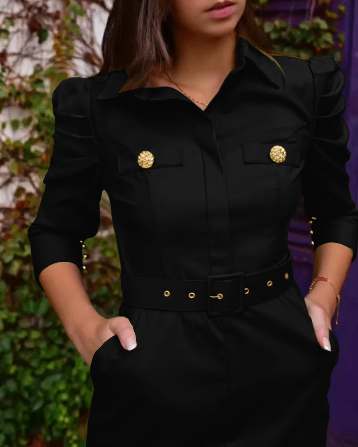 Turn-down Collar Long Sleeve Button Decor Front Slit Slim Fit Mid-Calf Dress Work Bodycon