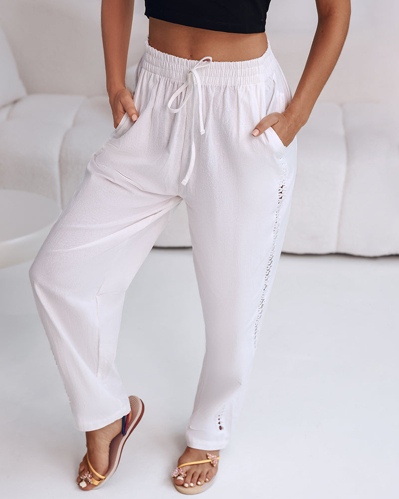 Hollow Out Lace Patch Pocket Design Casual Pants
