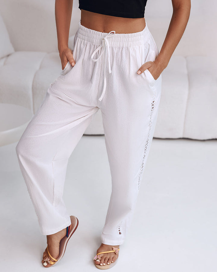 Hollow Out Lace Patch Pocket Design Casual Pants