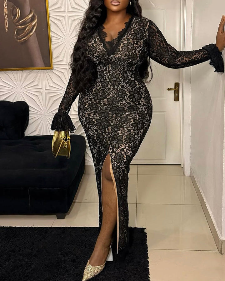 Elegant Lace Plunge V Neckline Long Sleeve Dress Casual Slim Fit Slit Evening Maxi Dress