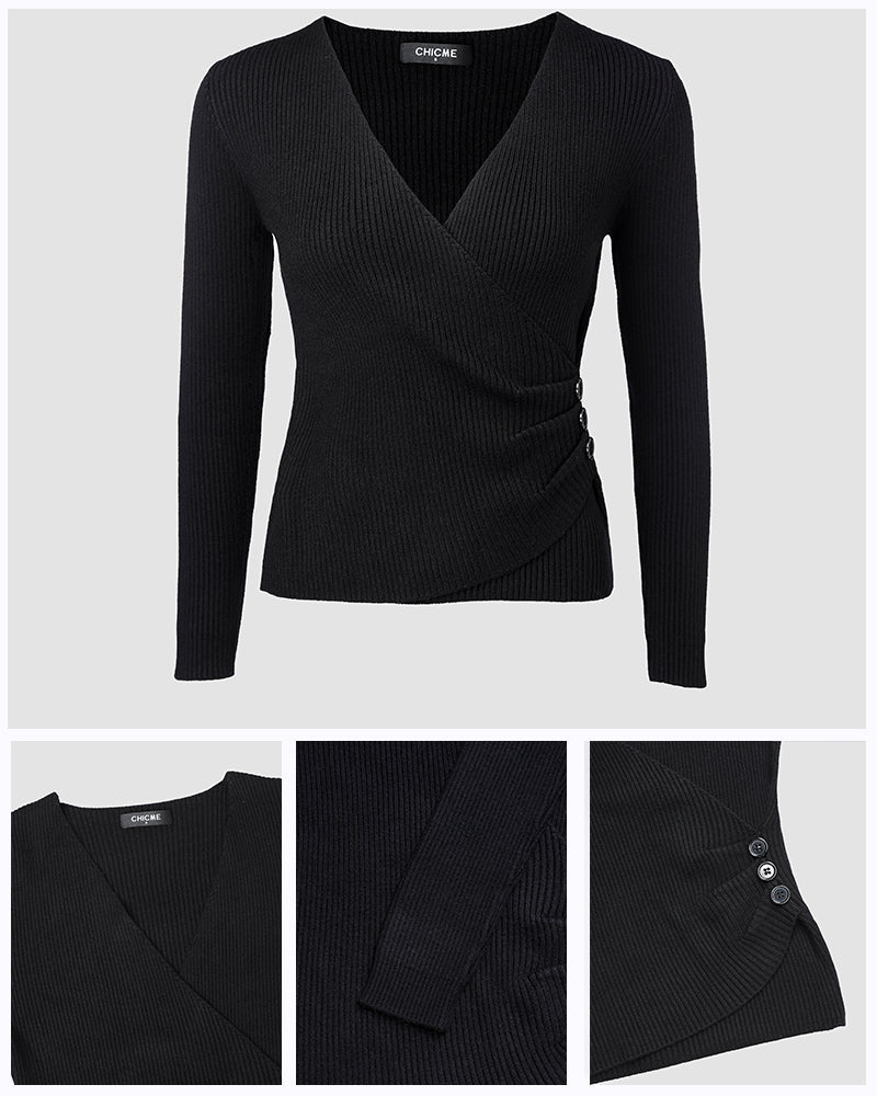 Overlap V-Neck Ruched Side Button Decor Knit Sweater Slim Fit Ribbed Pullover Top