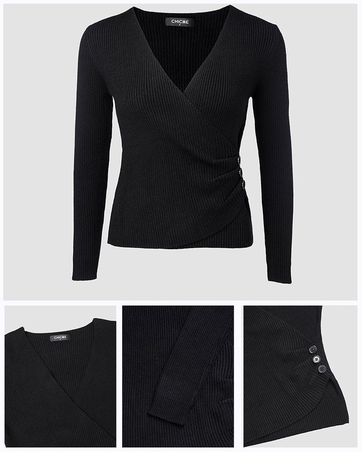 Overlap V-Neck Ruched Side Button Decor Knit Sweater Slim Fit Ribbed Pullover Top