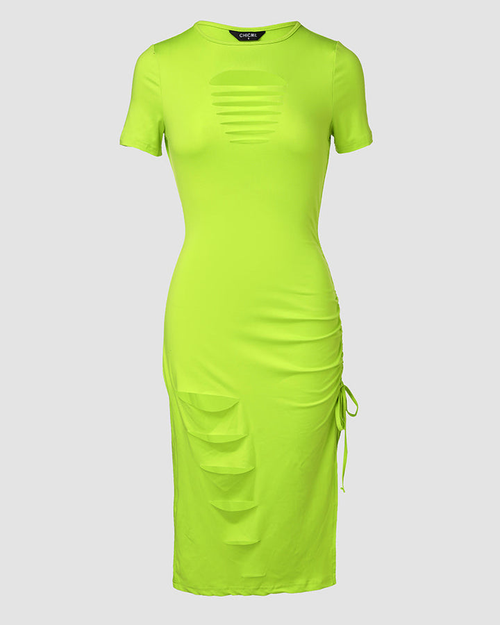 O Neck Short Sleeve Solid Color Cut Out Ruched Drawstring Bodycon Dress With Side Slit