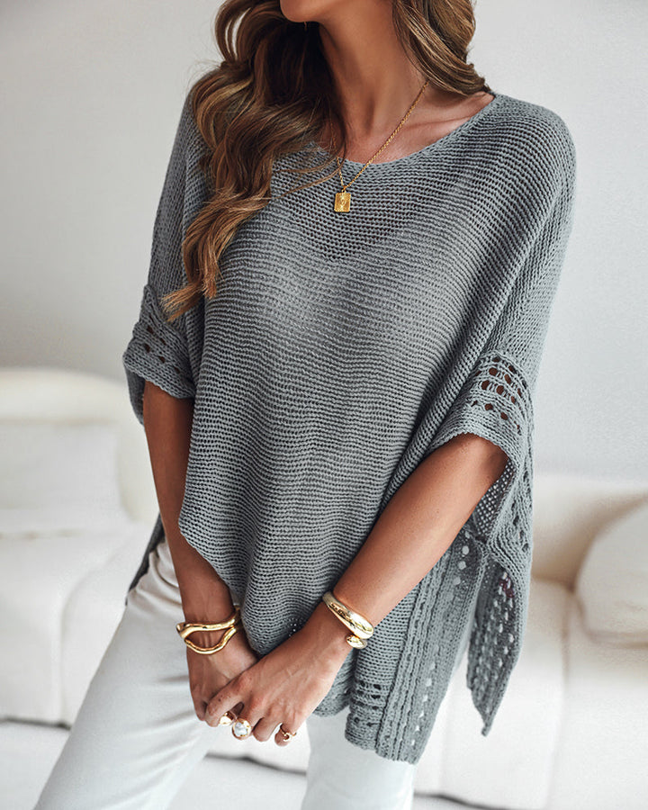 Solid Batwing Sleeve Hollow Out Crochet Pattern Top Casual Cover Up