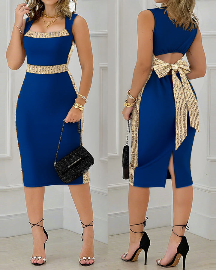 Square Neck Sleeveless Hollow-out Bowknot Mid-Calf Slit Dress