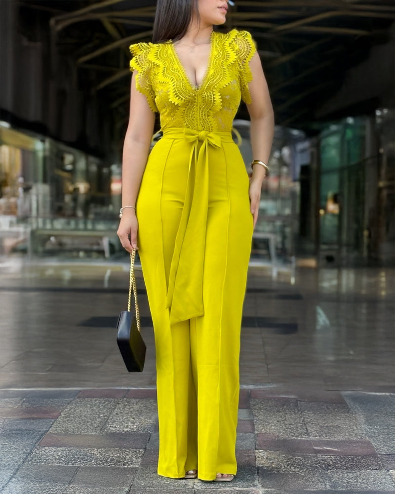 V Neck Scallop Trim Sleeve Lace Patchwork Bow Tie Waist Jumpsuit Casual Seam Front Zipper Back Wide Leg Jumpsuit