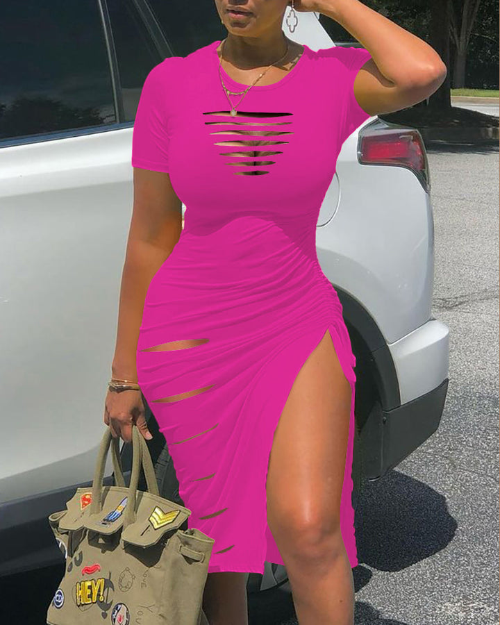 O Neck Short Sleeve Solid Color Cut Out Ruched Drawstring Bodycon Dress With Side Slit