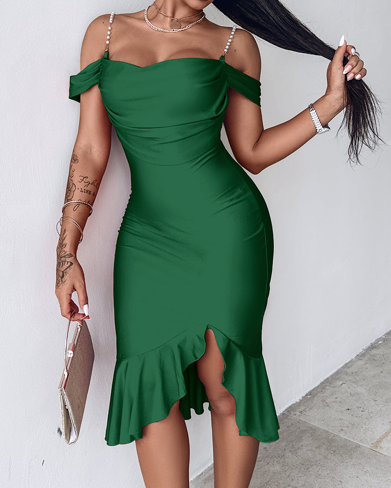 Cold Shoulder Pearls Straps Bodycon Dress Cowl Neck Asymmetrical Ruffle Hem Party Dress